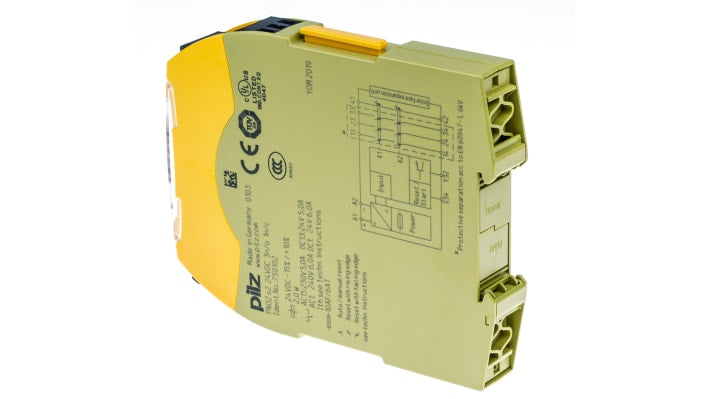 Pilz Relè di sicurezza PNOZ s2, 1 canale, 3 contatti, 24V cc, dimensioni 120x17.5x102mm, categoria di sicurezza livello 4.
