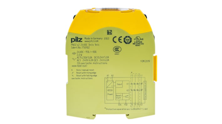 Pilz Relè di sicurezza PNOZ s2, 1 canale, 3 contatti, 24V cc, dimensioni 120x17.5x102mm, categoria di sicurezza livello 4.