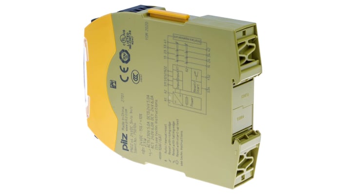 Pilz 750104, relè di sicurezza a 2 canali, 24V cc, 3 contatti, monitoraggio automatico, dimensioni 22.5mm x 120mm x 102mm.