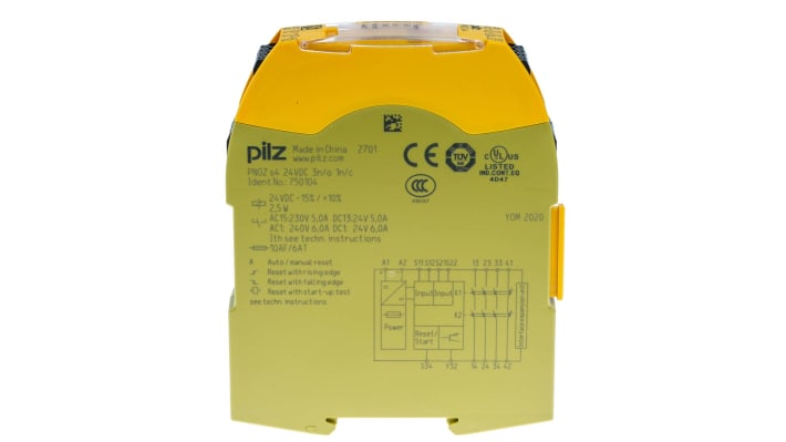 Pilz 750104, relè di sicurezza a 2 canali, 24V cc, 3 contatti, monitoraggio automatico, dimensioni 22.5mm x 120mm x 102mm.