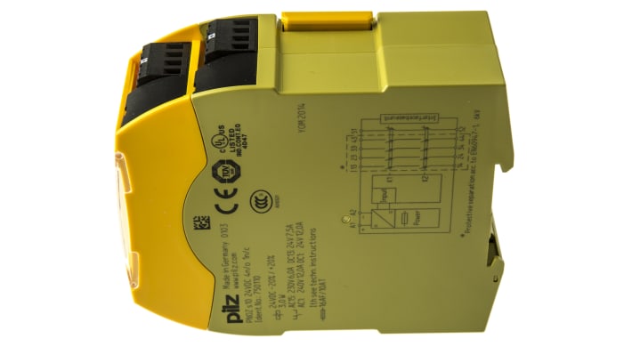 Modulo d'uscita Pilz 750110 PNOZsigma, 24 V c.c., 5 uscite, montaggio su guida DIN, dimensioni 98 x 45 x 120 mm.