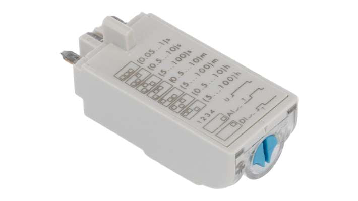 Modulo timer Finder 86.30.0.024.0000, relè temporizzato a stato solido, 24VAC/CC, temporizzazione 0,05s-100h, montaggio a innesto.