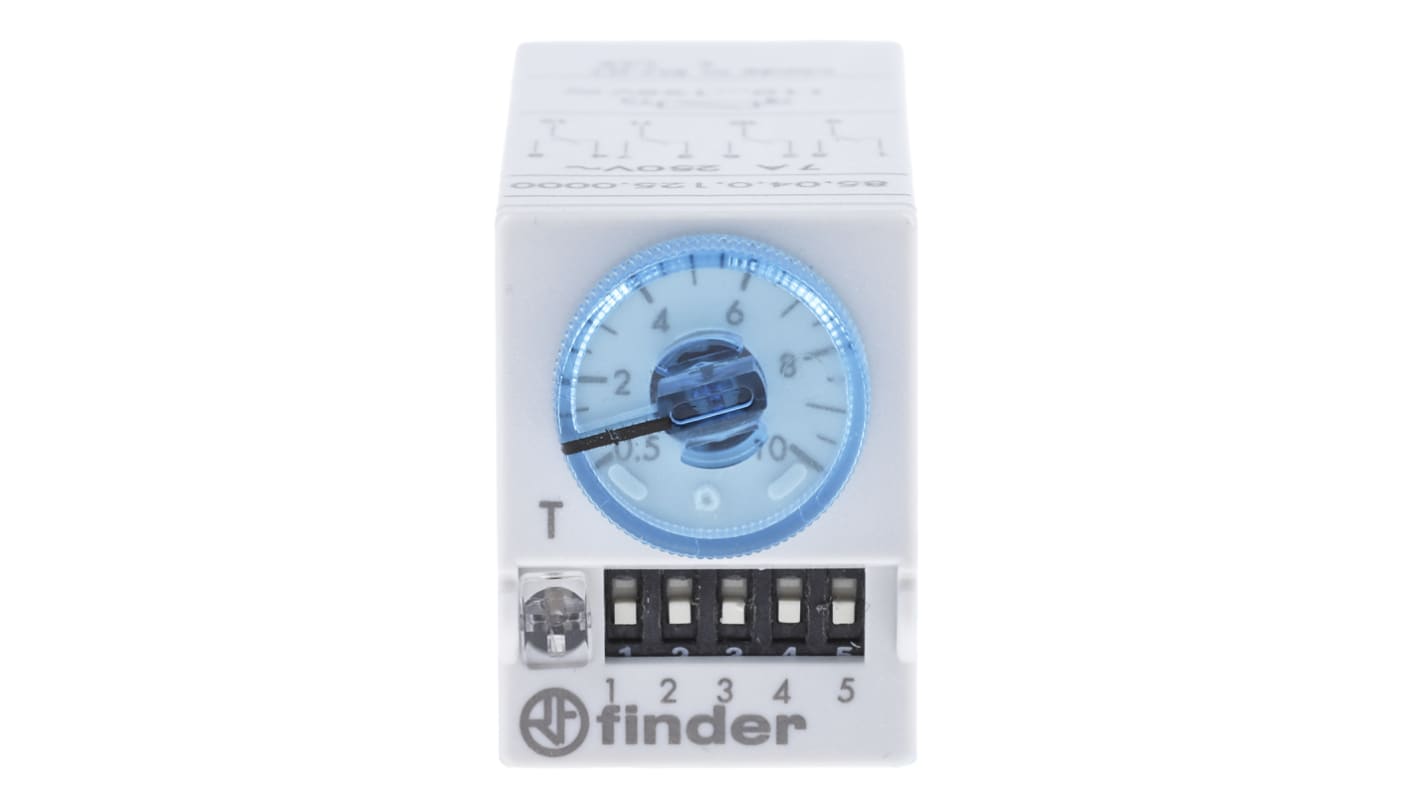 Finder Timer Relay 85.04.0.125.0000, 4 poli 4PDT, montaggio a innesto, intervallo 0.05-100s, 110-125V, 7A.