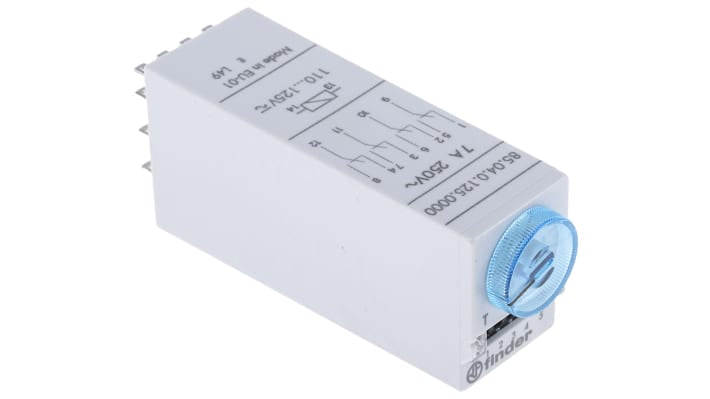 Finder Timer Relay 85.04.0.125.0000, 4 poli 4PDT, montaggio a innesto, intervallo 0.05-100s, 110-125V, 7A.