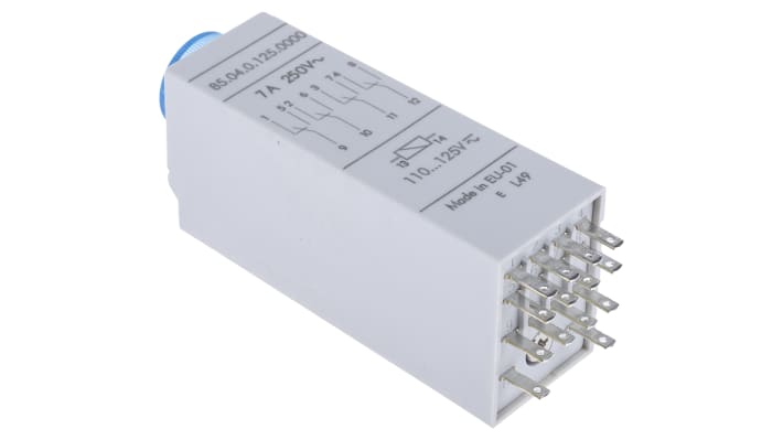 Finder Timer Relay 85.04.0.125.0000, 4 poli 4PDT, montaggio a innesto, intervallo 0.05-100s, 110-125V, 7A.
