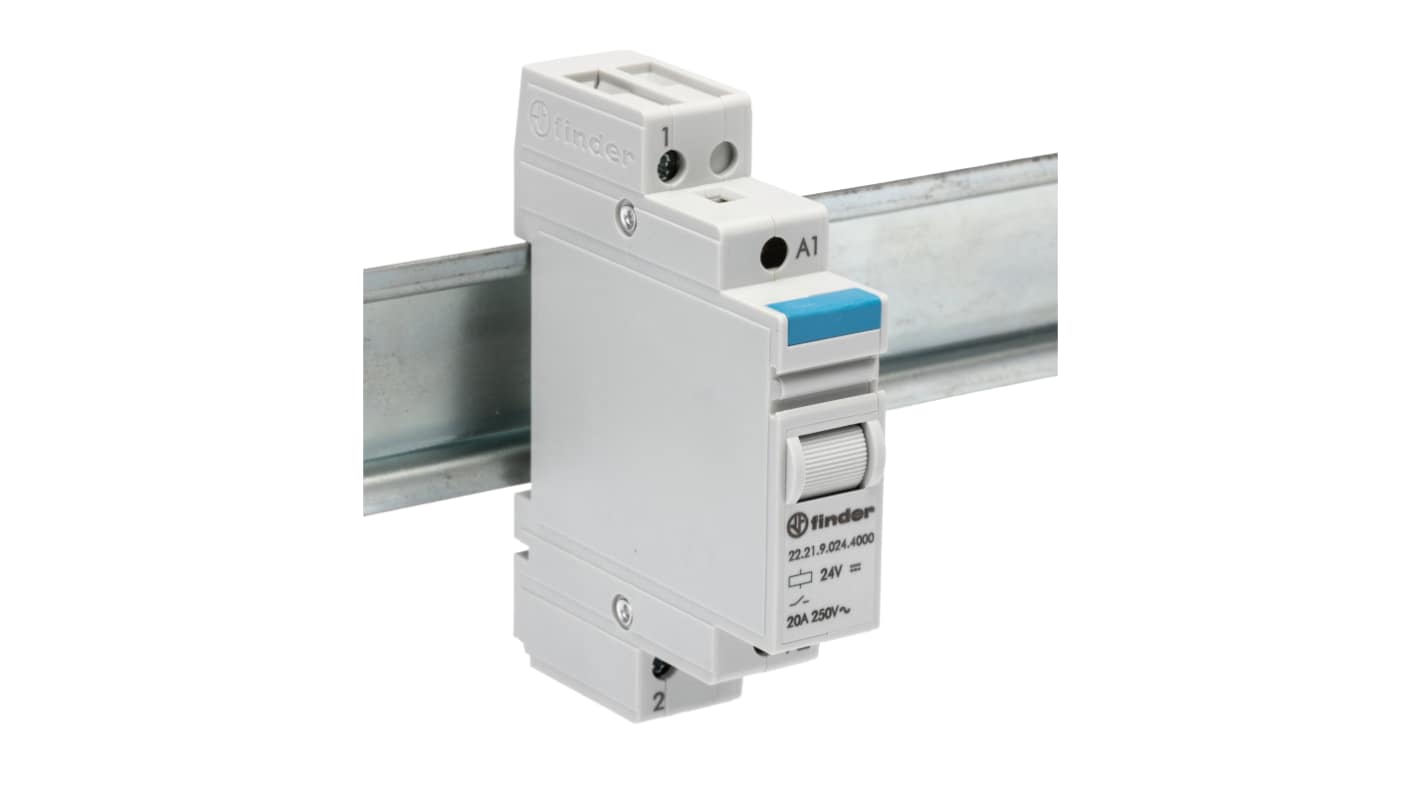 Finder 22.21.9.024.4000, relè monostabile SPST per guida DIN, 24V cc, 20A, dimensioni 17,5 mm, grado di protezione IP20.
