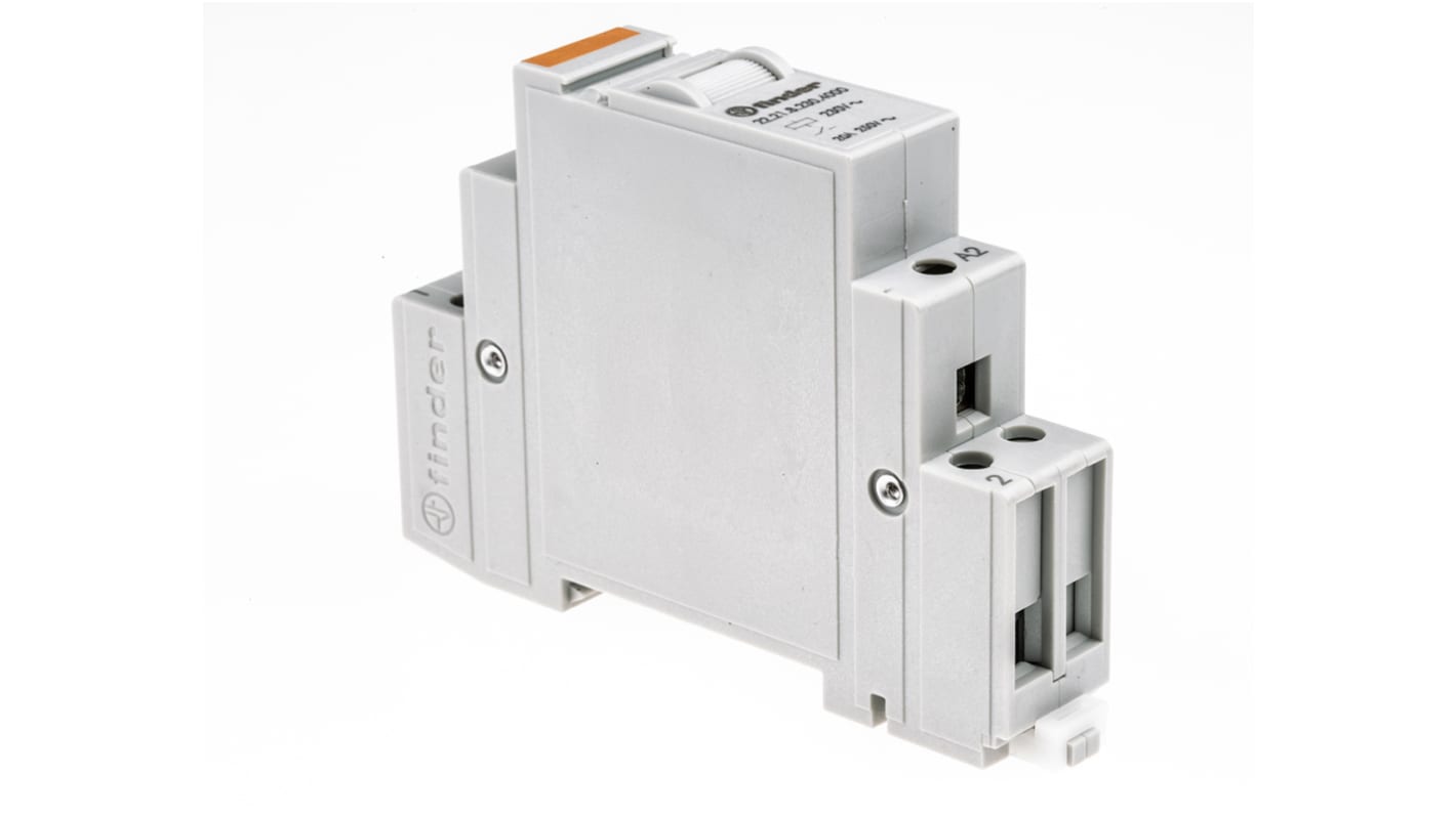 Finder 22.21.8.230.4000, relè monostabile SPST per guida DIN, 230V, 20A, dimensioni 17,5 mm x 58,4 mm, grado di protezione IP20.