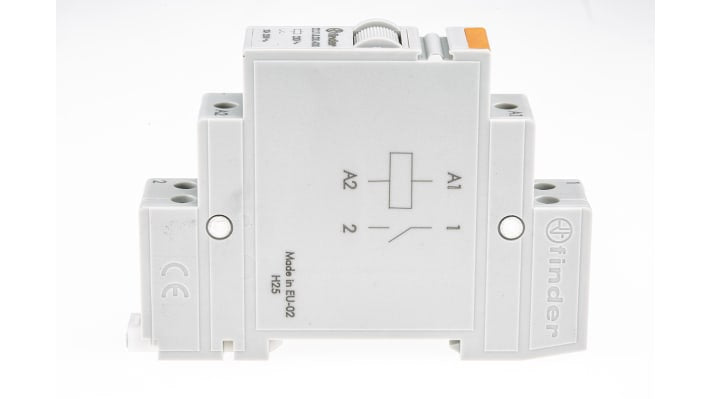 Finder 22.21.8.230.4000, relè monostabile SPST per guida DIN, 230V, 20A, dimensioni 17,5 mm x 58,4 mm, grado di protezione IP20.