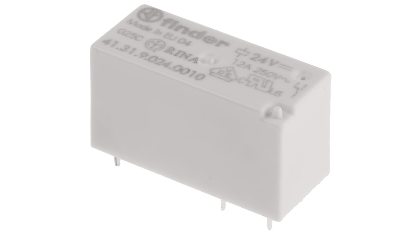 Finder 41.31.9.024.0010, relè di potenza SPDT per montaggio su PCB, 24V cc, 12A, dimensioni 15,7 x 12,5 x 29 mm.