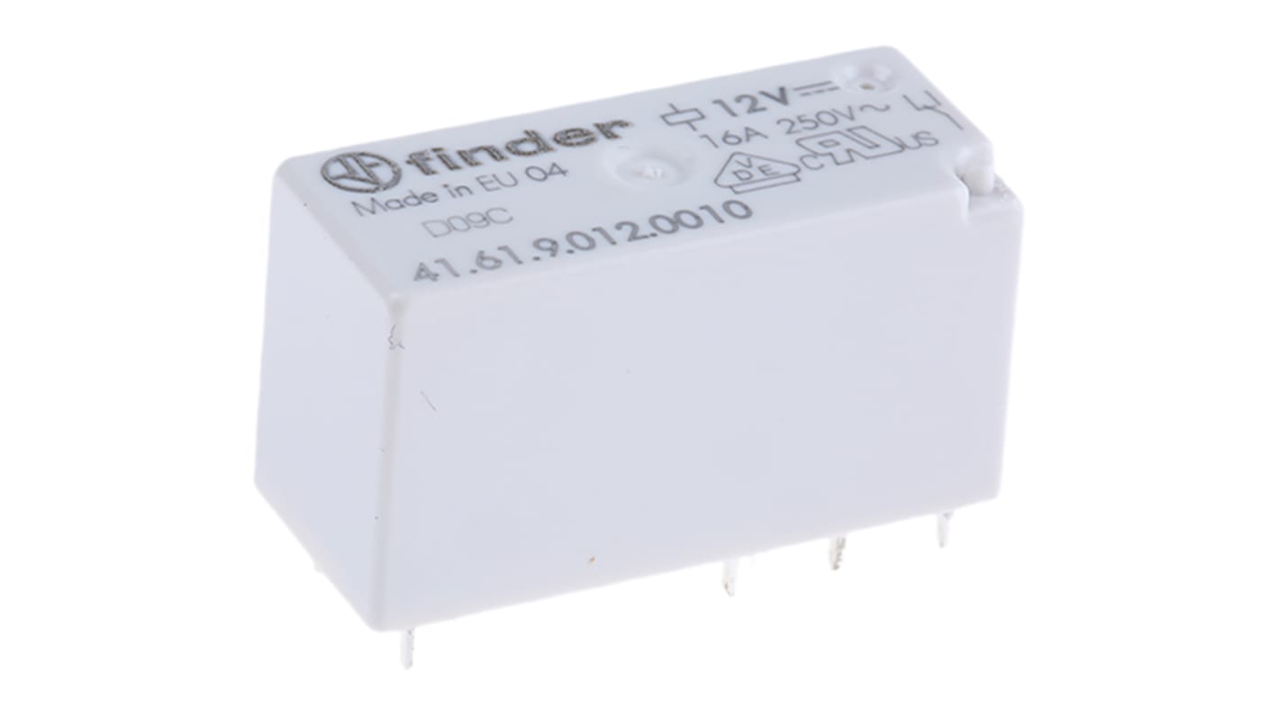 Finder 41.61.9.012.0010, relè di potenza SPDT per montaggio su PCB, 12V cc, 16A, dimensioni 15,7 x 12,5 x 29 mm.