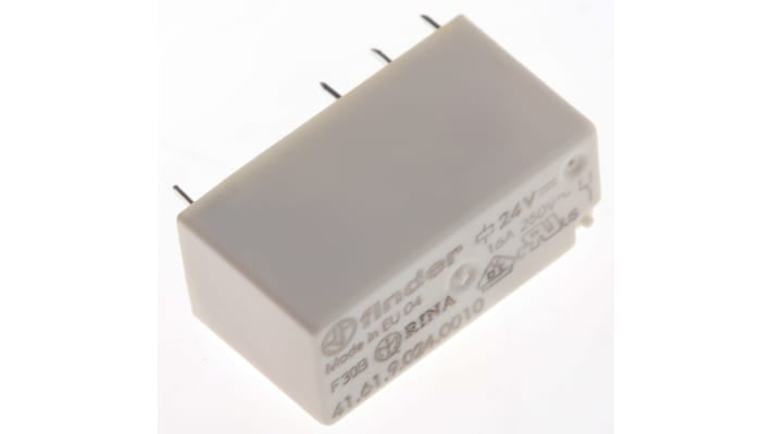 Relè di potenza Finder 41, SPDT, montaggio su PCB, 24V cc, 16A, dimensioni 29x15,7x12,5 mm, approvato UL e VDE.