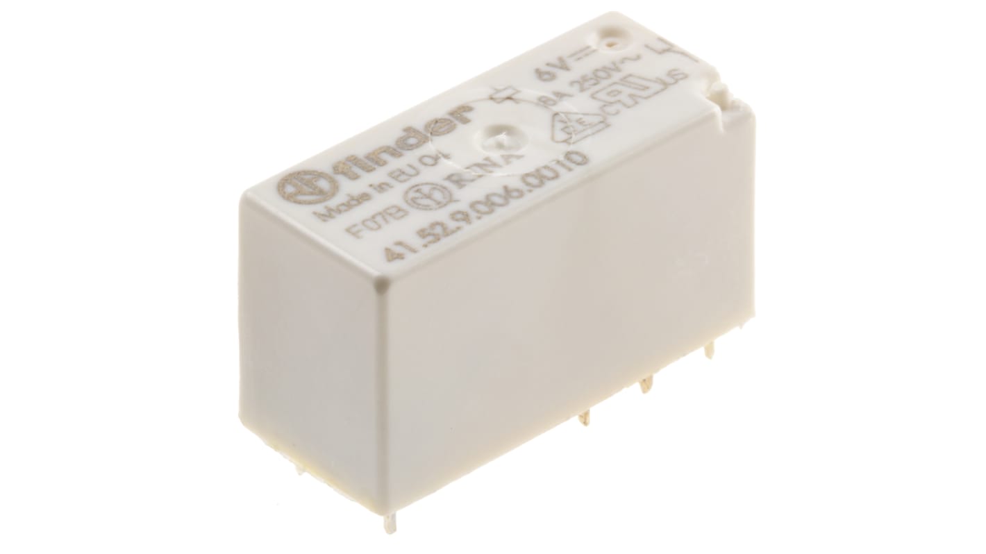 Finder 41.52.9.006.0010, relè DPDT per montaggio su PCB, 6V cc, 8A, dimensioni 15,7 x 12,5 x 29 mm.
