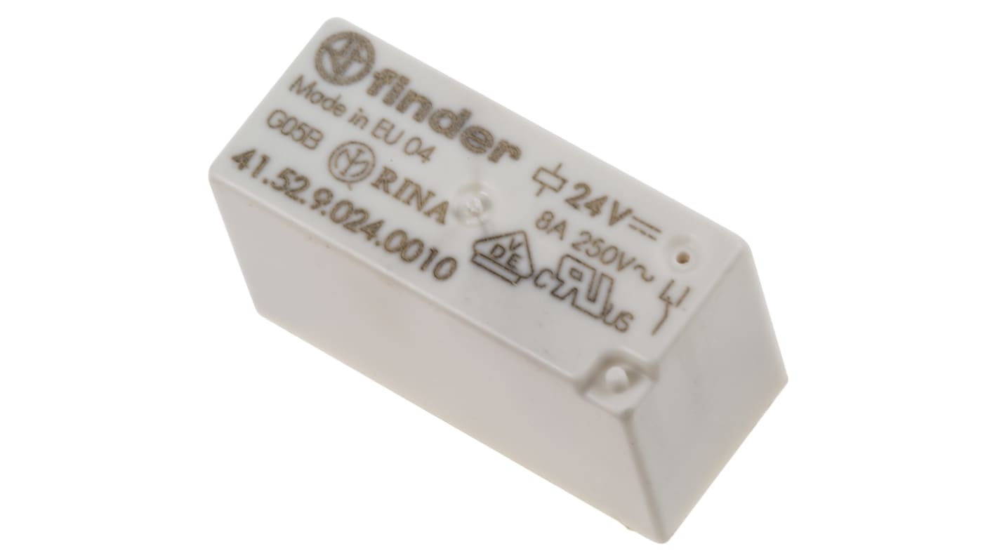Finder 41.52.9.024.0010, relè DPDT per montaggio su PCB, 24V cc, 8A, dimensioni 29x12,5x15,7 mm.