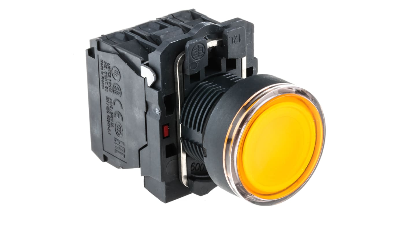 Pulsante SPDT luminoso arancione Schneider Electric, montaggio a pannello, diametro foratura 22 mm, grado di protezione IP69K.