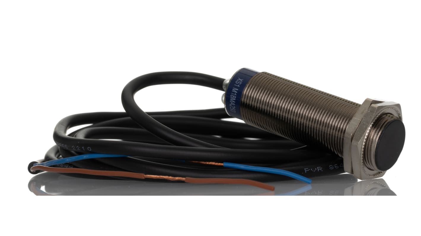 Sensore di prossimità cilindrico Telemecanique XS1M18MA250, M18 x 1, rilevamento 5 mm, IP68, montaggio a filo, cavo 2 m.
