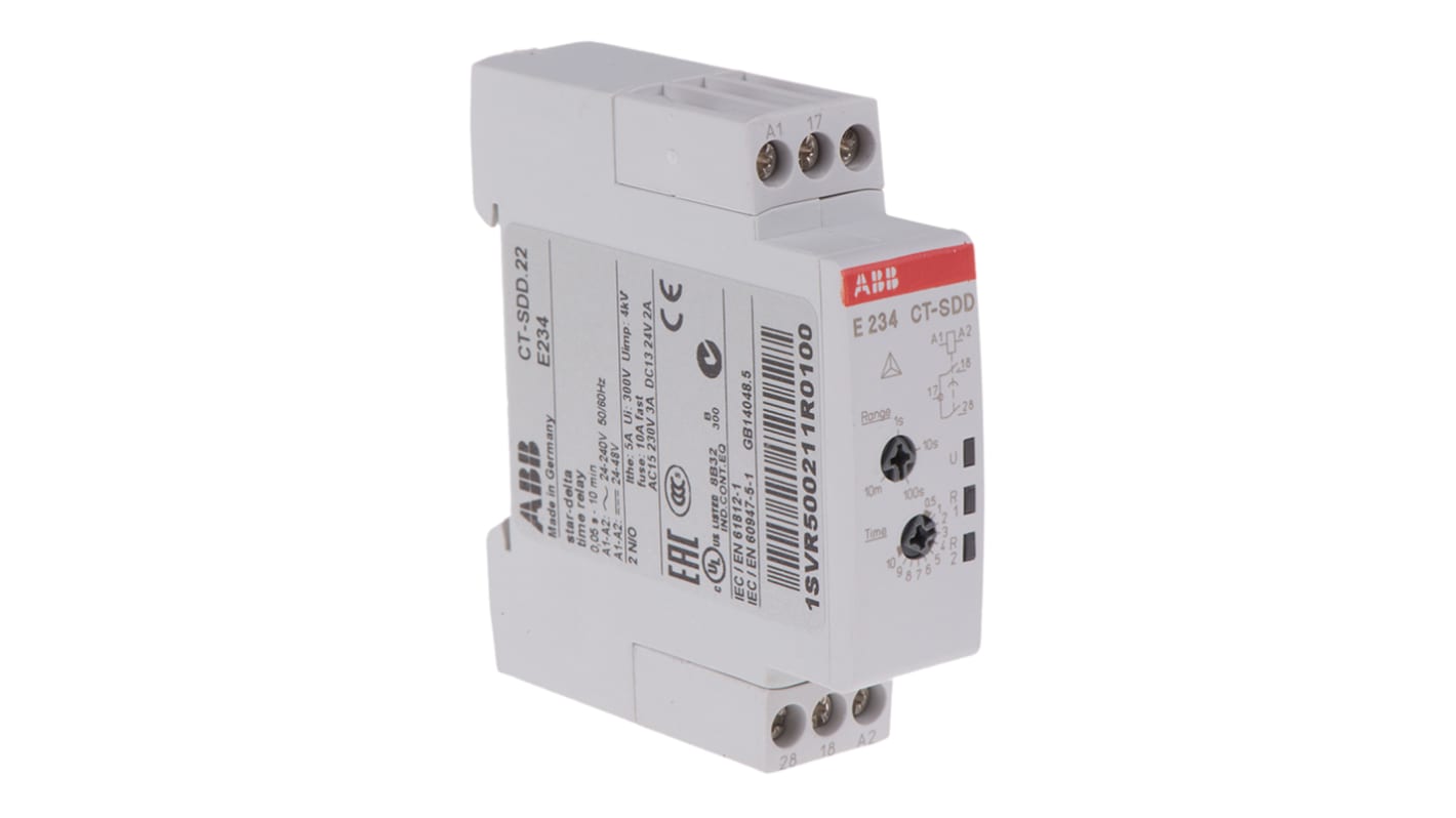 Relè temporizzato ABB 1SVR500211R0100 per guida DIN, DPST, intervallo 0.05 s a 10 min, contatti fino a 6 A, 24-240 V AC.