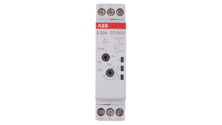 Relè temporizzato ABB 1SVR500211R0100 per guida DIN, DPST, intervallo 0.05 s a 10 min, contatti fino a 6 A, 24-240 V AC.