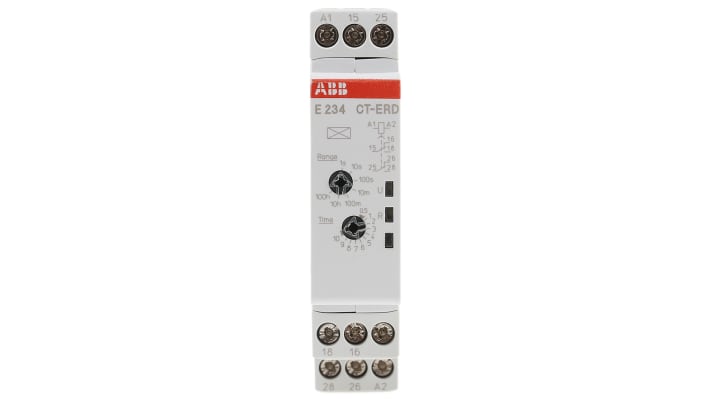 ABB Timer Relay DPDT per guida DIN, intervallo di temporizzazione 0.05 s a 100 h, contatti fino a 6 A, dimensioni 22.5 mm x 78 mm x 100 mm.