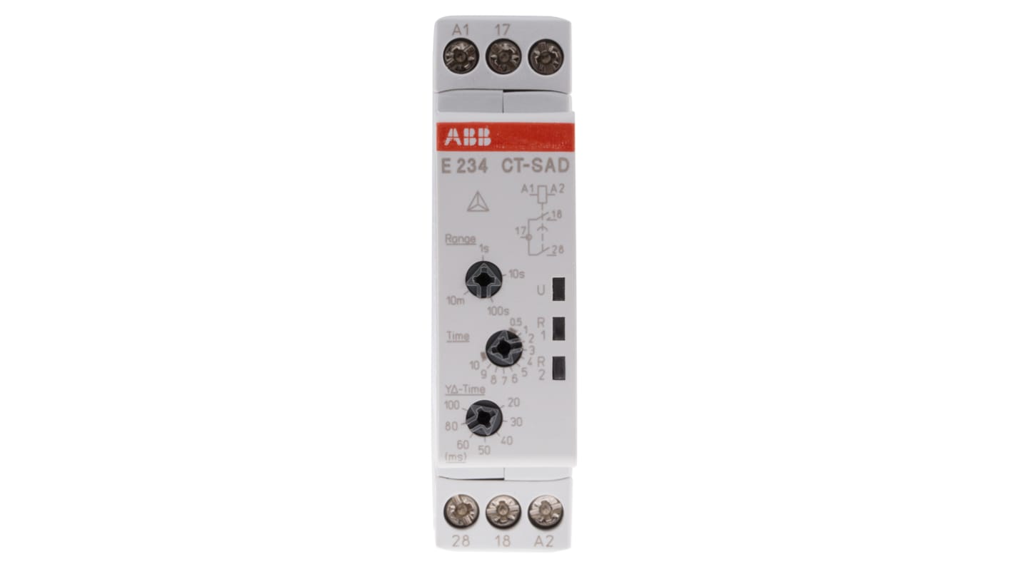 ABB Timer Relay DPST per guida DIN, intervallo di temporizzazione 0.05 s a 10 min, tensione 24-240 V AC, 8 A, dimensioni 22.5 x 78 x 100 mm.