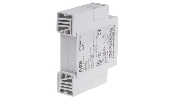ABB Timer Relay DPST per guida DIN, intervallo di temporizzazione 0.05 s a 10 min, tensione 24-240 V AC, 8 A, dimensioni 22.5 x 78 x 100 mm.