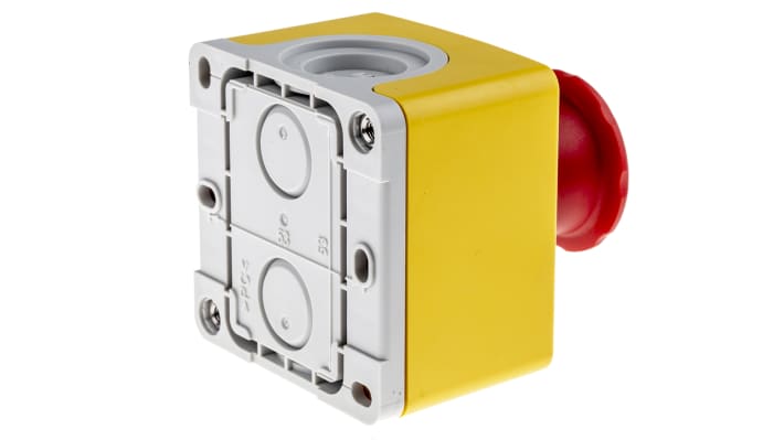 Pulsante di arresto di emergenza ABB CEPY1-1001, montaggio superficiale, rosso con custodia gialla, protezione IP66/IP67/IP69K.