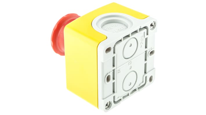 ABB CEPY1-1002, pulsante di arresto di emergenza giallo/rosso, montaggio superficiale, grado di protezione IP67/IP69K, dimensioni 101 x 74,4 x 60,5 mm.