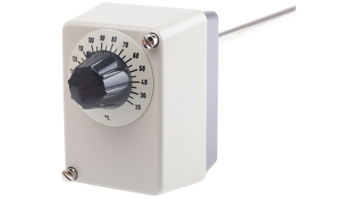 Termostato capillare Jumo, montaggio superficiale, SPST, temperatura da +20°C a +150°C, contatto 10A, 230V.