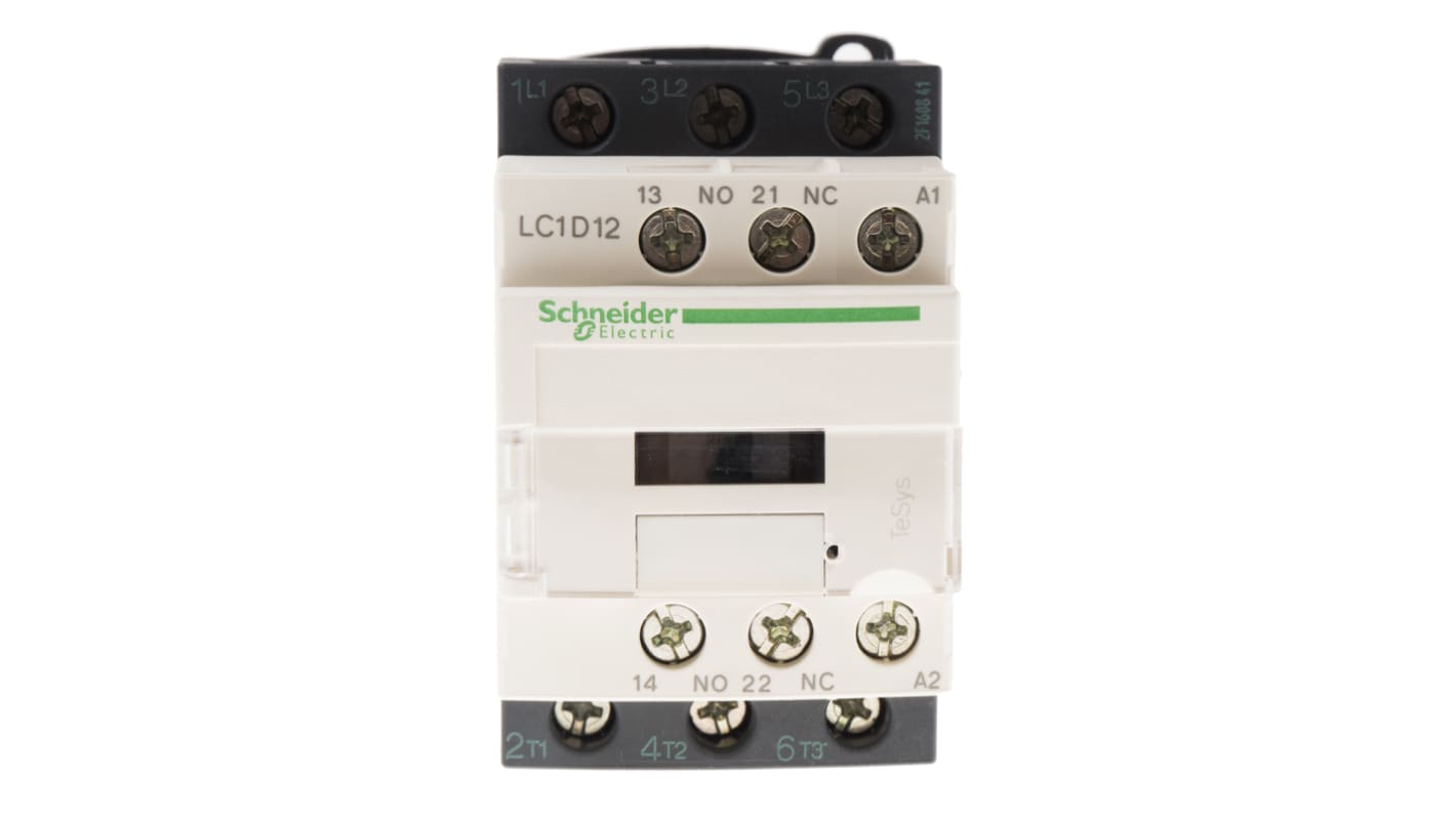 Contattore Schneider Electric LC1D12N7, 3 poli, 3 contatti NA, corrente 12 A, dimensioni 77x45x84 mm, montaggio a vite.