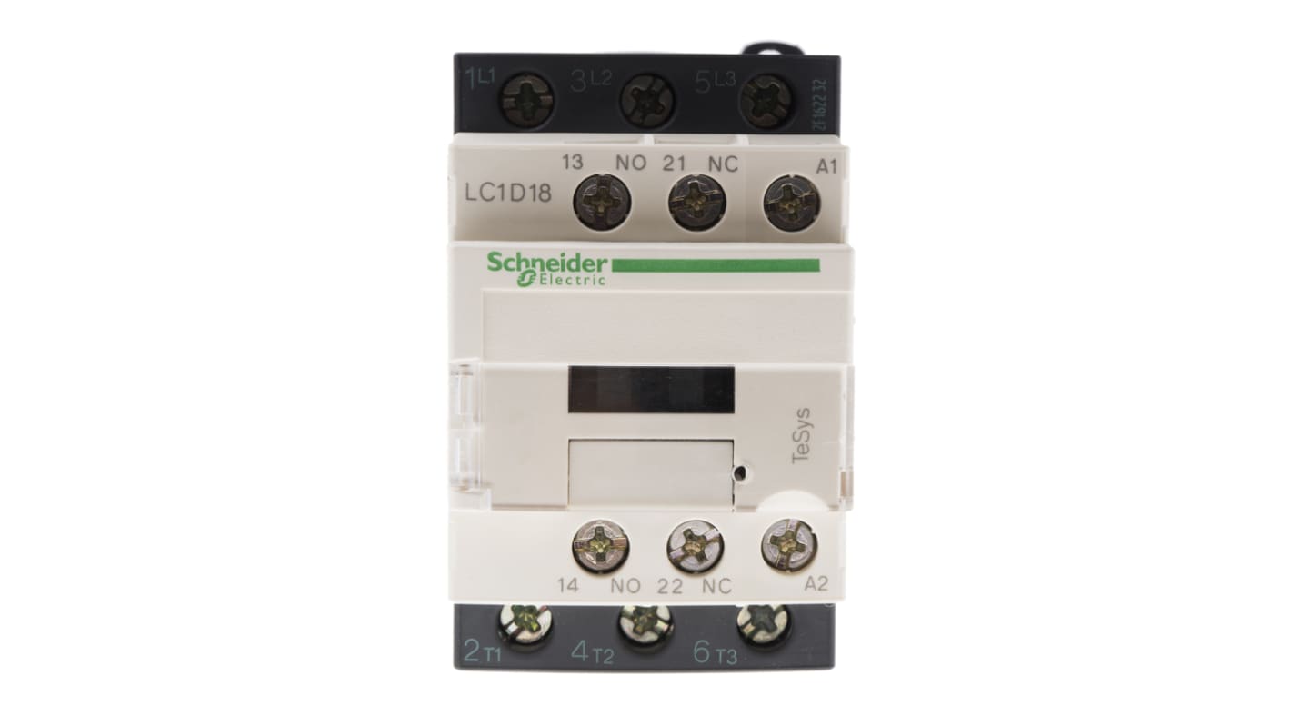 Contattore Schneider Electric LC1D18N7, 3 poli, 18 A, montaggio su guida DIN, dimensioni 45x77x84 mm, grado di protezione IP20.