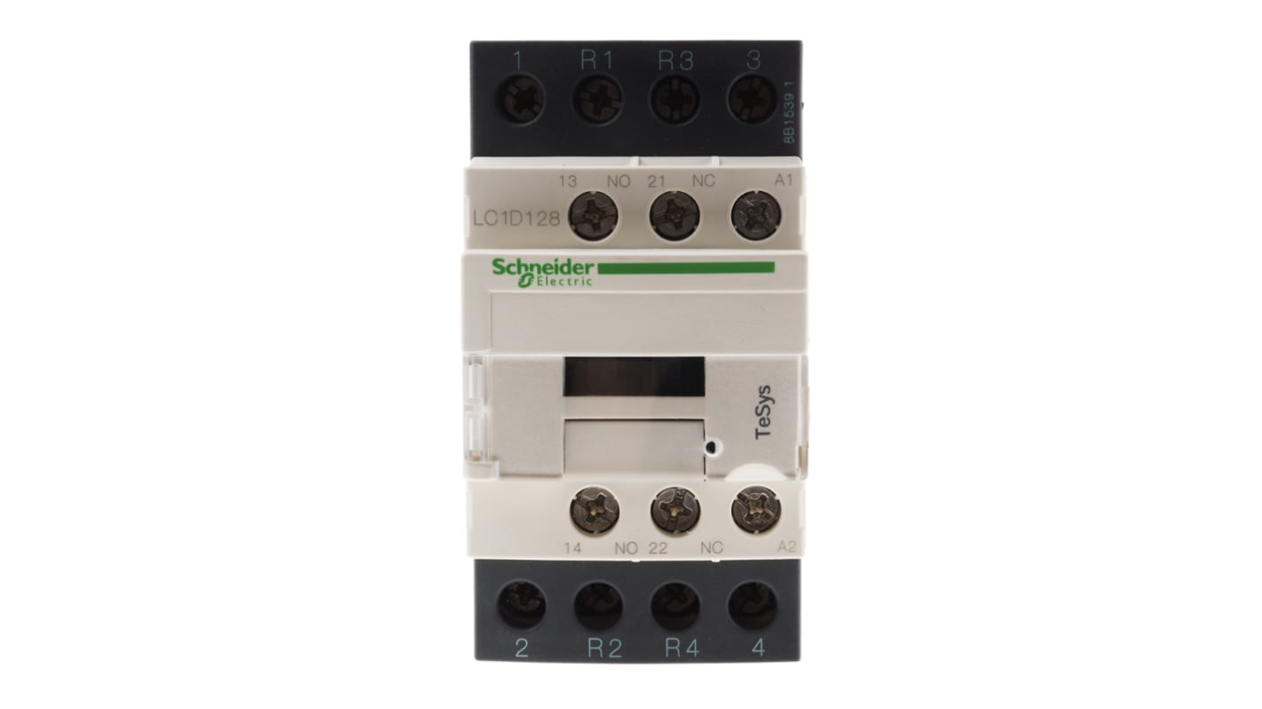 Contattore Schneider Electric LC1D128U7, 4 poli, 25 A, montaggio a pannello, dimensioni 85x45x90 mm, grado di protezione IP20.