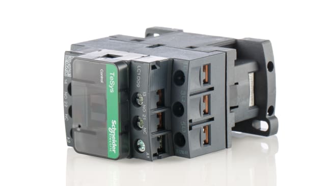 Contattore Schneider Electric LC1D09U7 per controllo motori, 3 poli, 9 A, montaggio su guida DIN, dimensioni 45 mm, IP20.