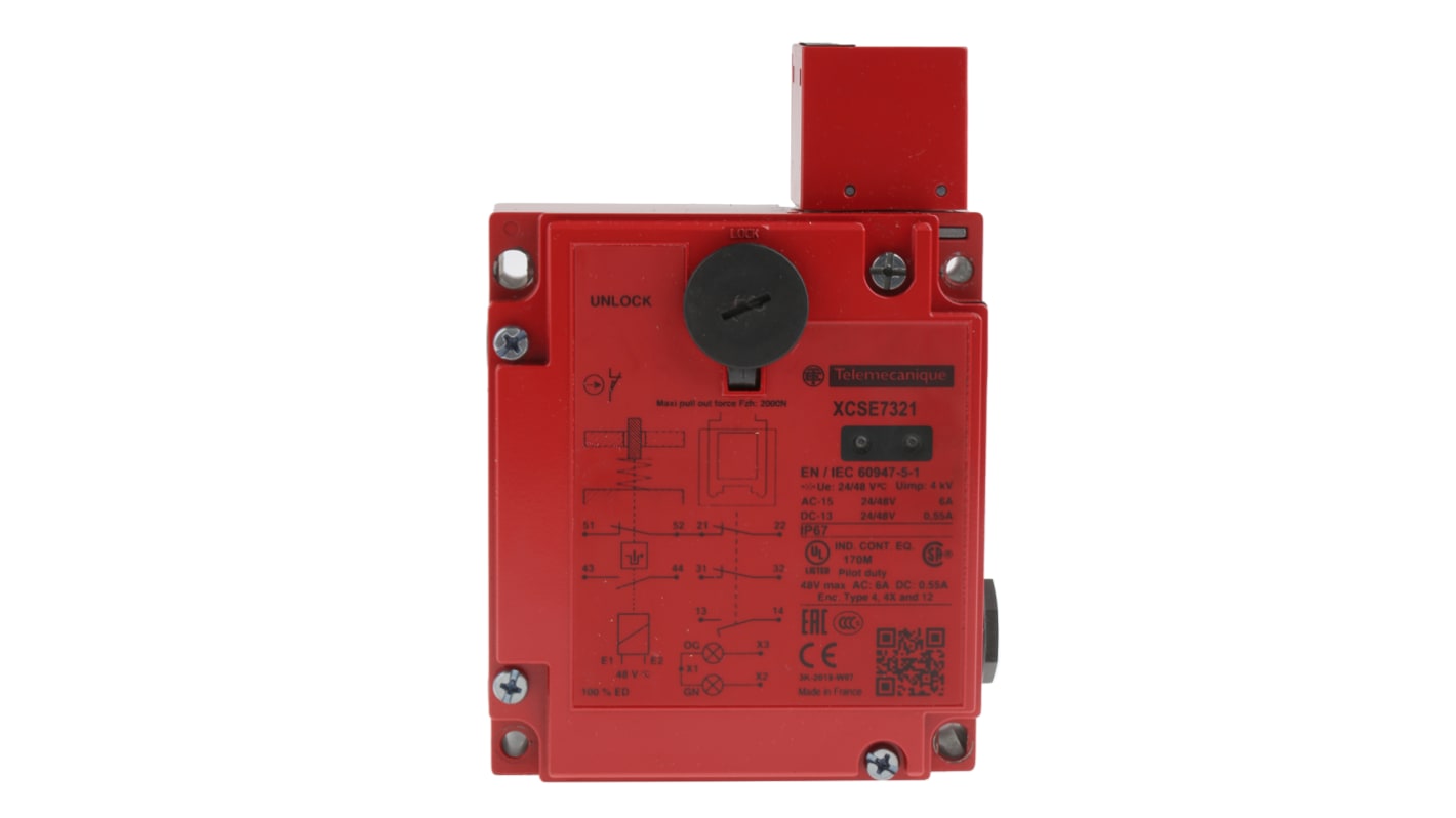 Interruttore di interblocco a solenoide Telemecanique Sensors XCSE7321, 48V, custodia metallica, IP67, dimensioni 146x98x44mm.