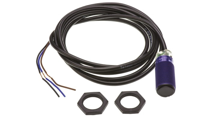 Sensore fotoelettrico cilindrico Telemecanique Sensors XUB2APANL2R, rilevamento a 15 m, uscita PNP, IP65/IP67, alimentazione 24V.
