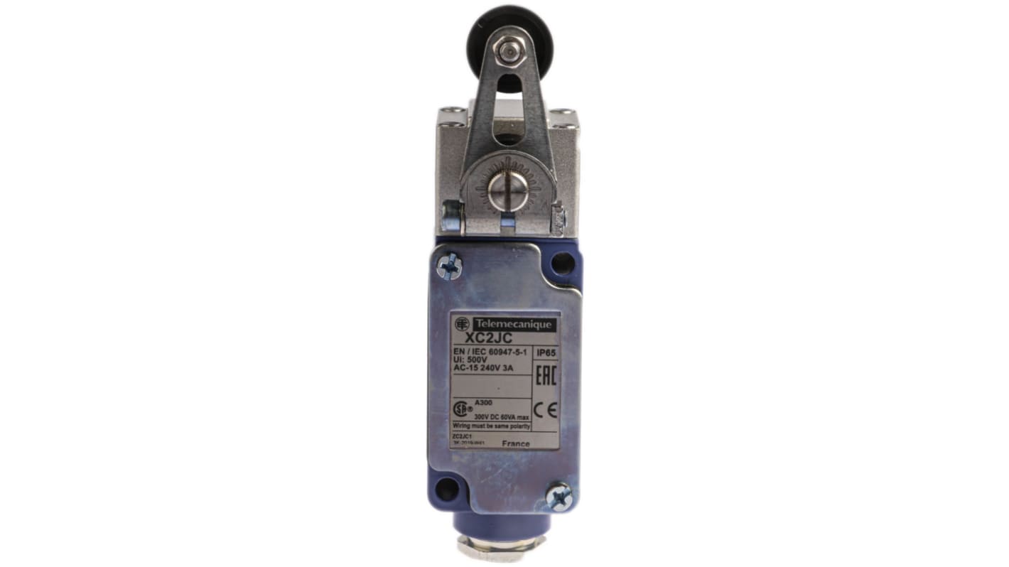 Interruttore di fine corsa a leva a rullo Telemecanique Sensors, serie OsiSense XC, contatto unipolare, protezione IP65, dimensioni 81mm x 41mm x 40mm.