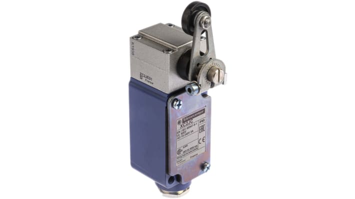 Interruttore di fine corsa a leva a rullo Telemecanique Sensors, serie OsiSense XC, contatto unipolare, protezione IP65, dimensioni 81mm x 41mm x 40mm.