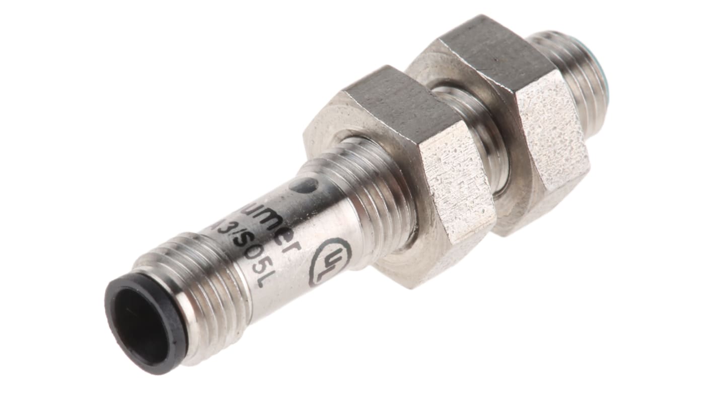 Baumer IFRM 05P15A3/S05L, sensore di prossimità cilindrico PNP M5, rilevamento 1 mm, corpo in acciaio inox, IP67.