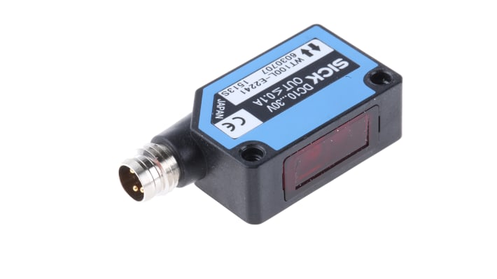 Sensore fotoelettrico rettangolare Sick WT100L-E2241, rilevamento fino a 450 mm, uscita NPN, montaggio a pannello, IP65.