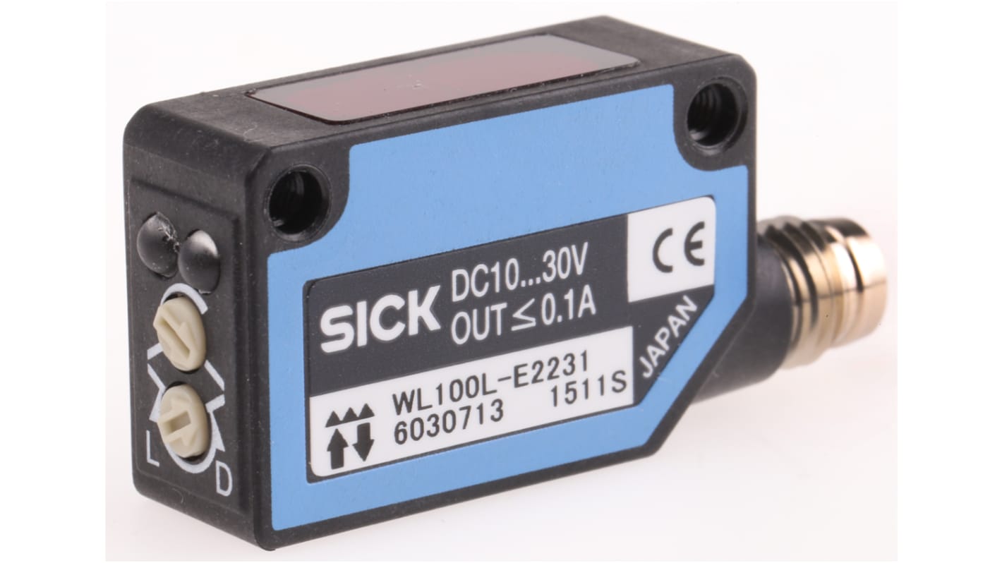 Sensore fotoelettrico rettangolare Sick WL100L-E2231, rilevamento fino a 12 m, uscita NPN, montaggio a pannello, IP65.