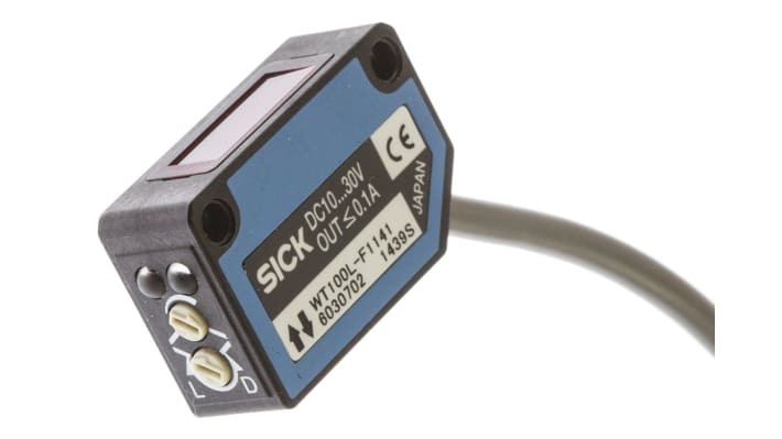 Sensore fotoelettrico rettangolare Sick WT100L-F1141, rilevamento fino a 450 mm, montaggio a pannello, grado di protezione IP65.