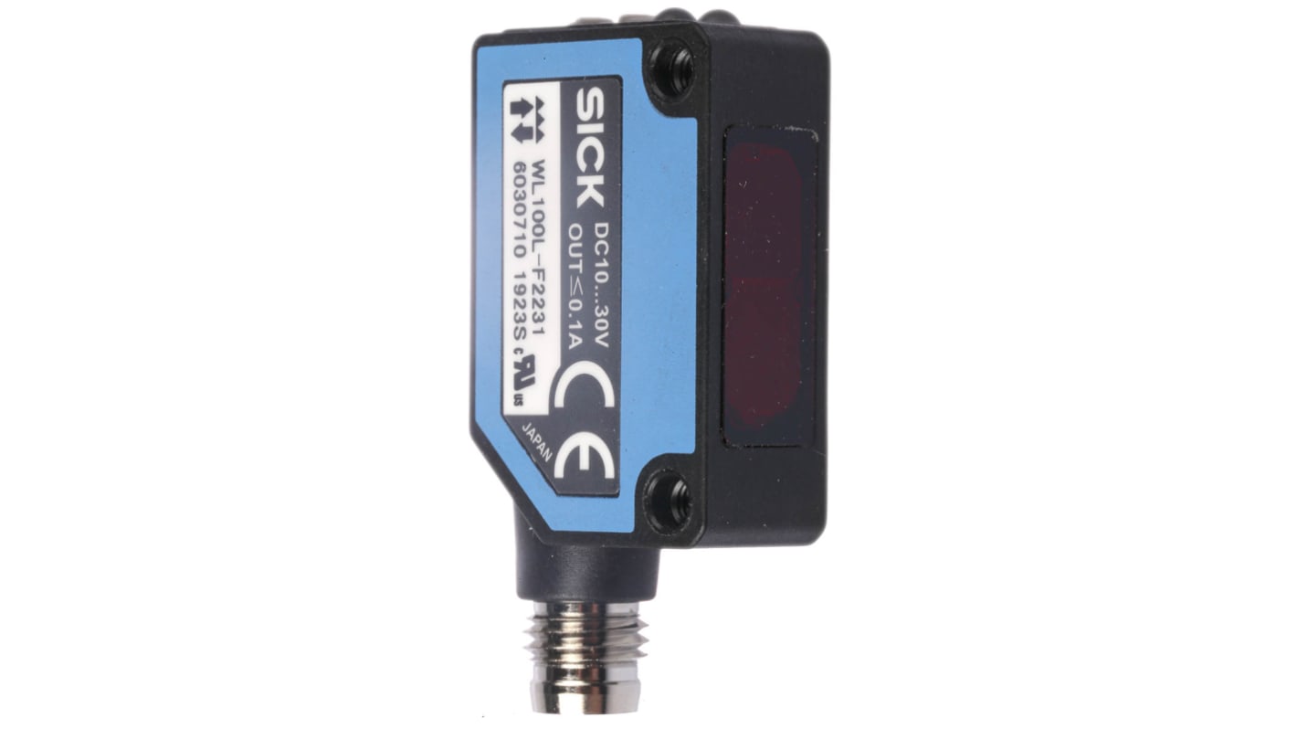 Sensore fotoelettrico rettangolare Sick WL100L-F2231, rilevamento fino a 12 m, uscita PNP, montaggio a pannello, IP65.