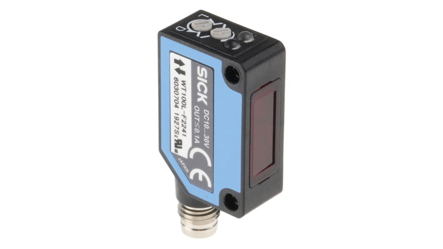 Sensore fotoelettrico rettangolare Sick WT100L-F2241, rilevamento fino a 450 mm, uscita PNP, montaggio a pannello, IP65.