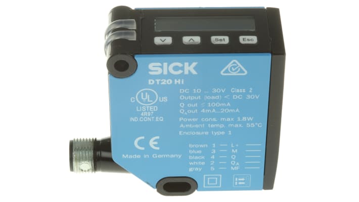 Sensore di distanza rettangolare Sick DT20-P244B, rilevamento 100-300 mm, precisione 0,5 mm, montaggio a pannello, custodia metallica.