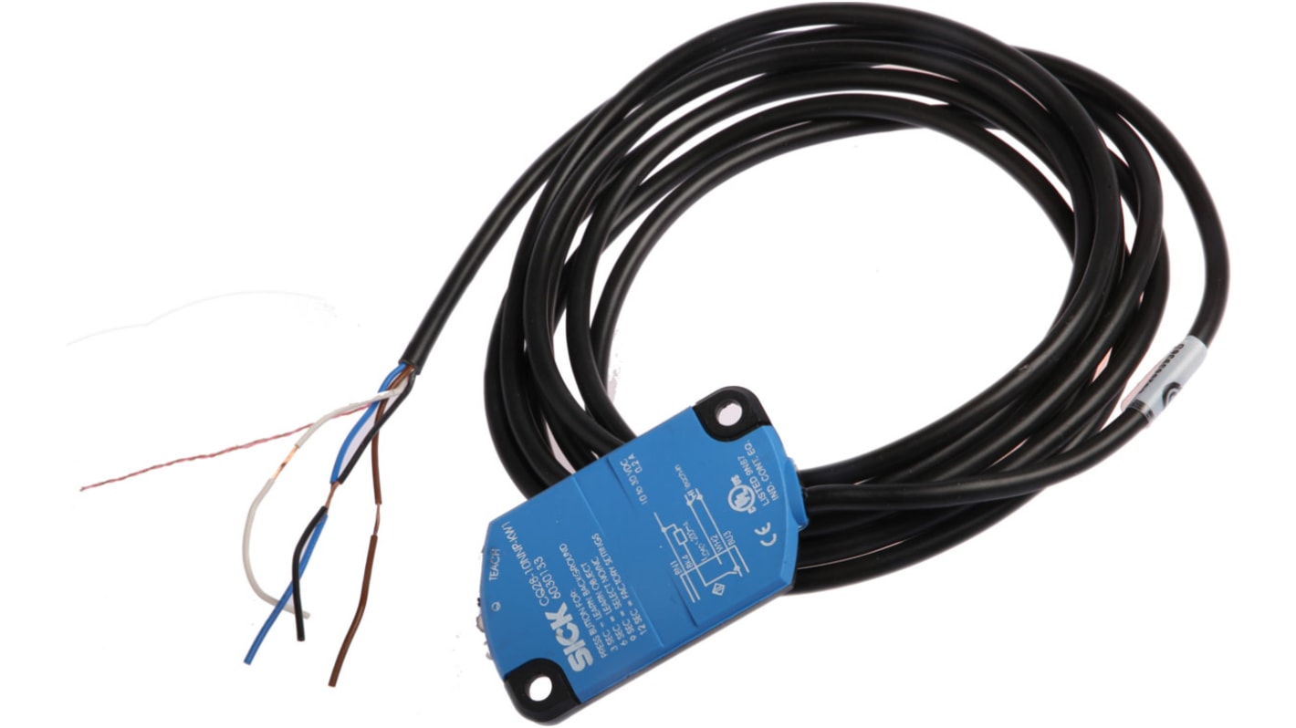 Sensore di prossimità capacitivo Sick CQ28-10NNP-KW1, NPN, rilevamento 10 mm, IP68, dimensioni 46x5,5x28 mm.