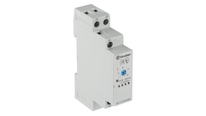 Finder, relè timer SPDT per guida DIN, intervallo 0,1s-24h, 16A, 24-240V AC/DC, dimensioni 17,5x60,8x84mm, IP20.