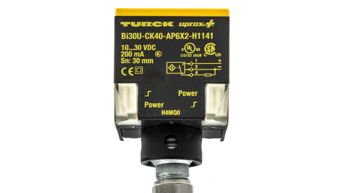 Sensore di prossimità PNP Turck BI30U-CK40-AP6X2-H1141, induttivo, 30 mm, IP68, dimensioni 65x40x40 mm, connettore M12 a 4 pin.