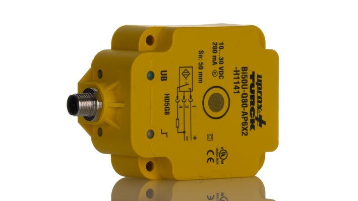 Sensore di prossimità PNP Turck BI50U-Q80-AP6X2-H1141, induttivo, IP68, 50 mm di rilevamento, montaggio a filo.