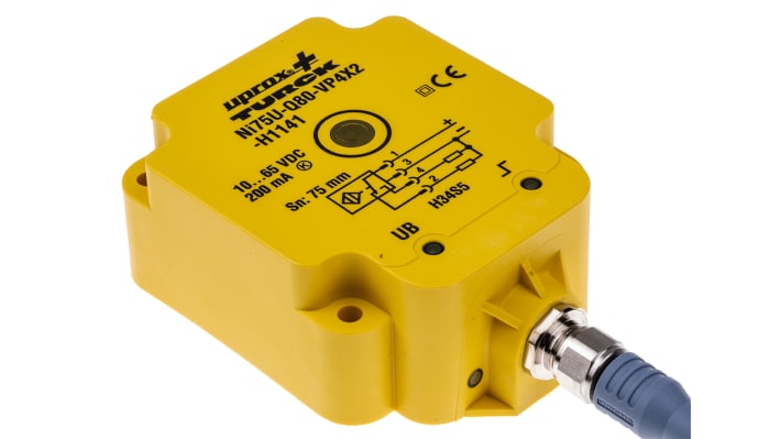 Sensore di prossimità PNP Turck NI75U-Q80-VP4X2-H1141, induttivo, 70 mm, IP68, 10-65 V c.c., 80 x 80 x 114 mm.