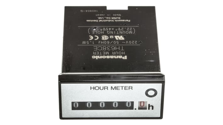 Contatore Panasonic TH638CEJ, 6 cifre, montaggio a pannello, 220 V, conteggio fino a 99.999,9 h, dimensioni compatte.