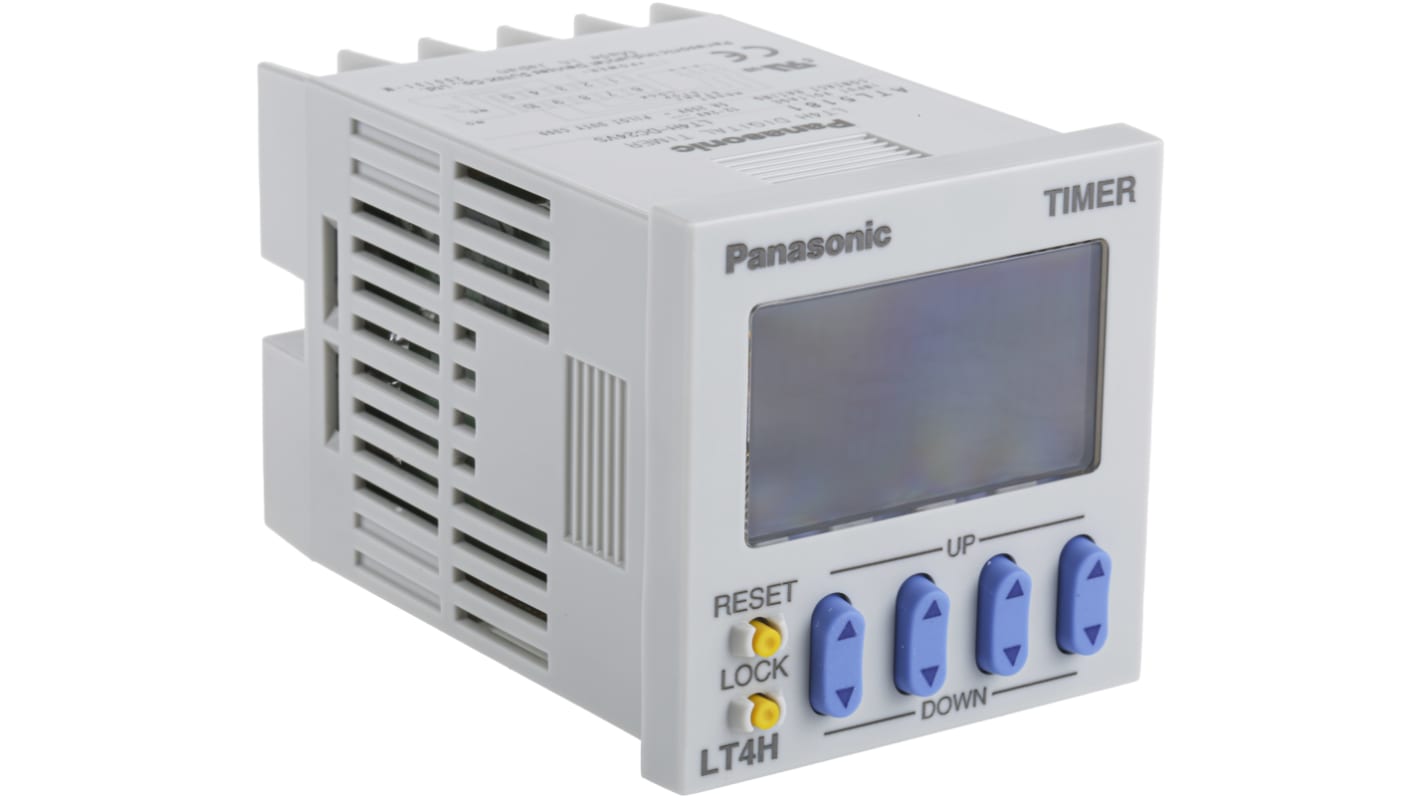 Relè timer multifunzione Panasonic LT4H24SJ, montaggio a pannello, tensione 12-24V DC, LCD retroilluminato, dimensioni 48x70x48 mm.