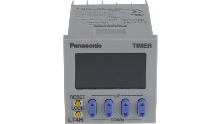 Relè timer multifunzione Panasonic LT4H24SJ, montaggio a pannello, tensione 12-24V DC, LCD retroilluminato, dimensioni 48x70x48 mm.